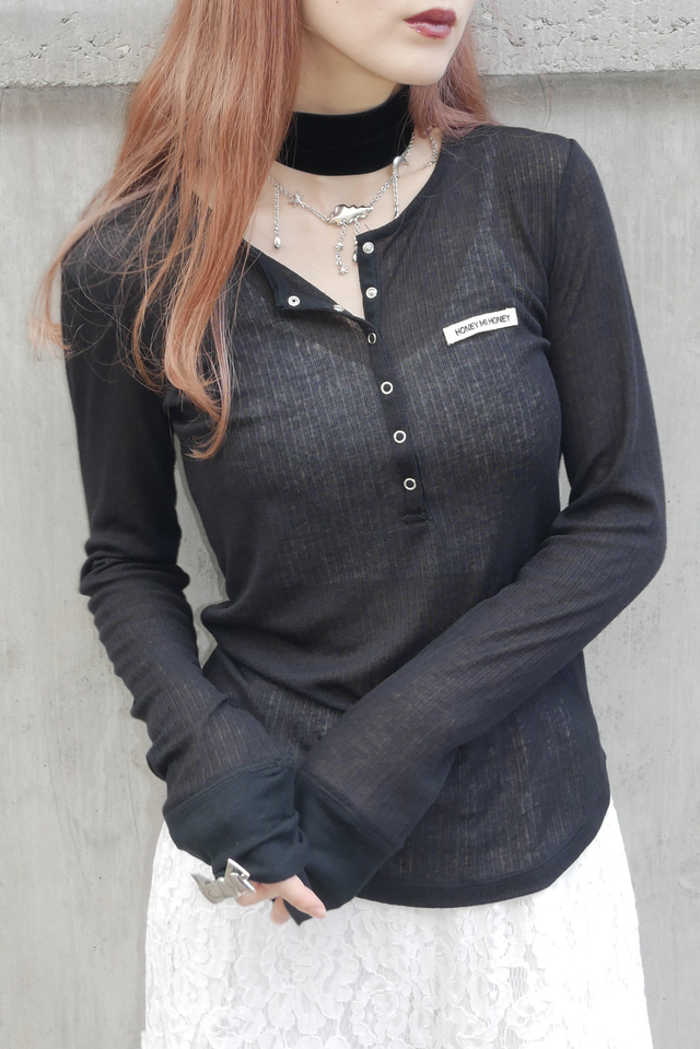 【HONEY MI HONEY】sheer teleco henley neck tops