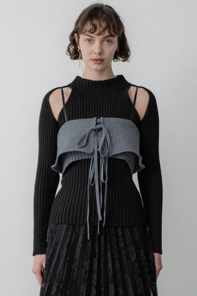 【MAISON ELLIE】cut off high neck rib knit tops