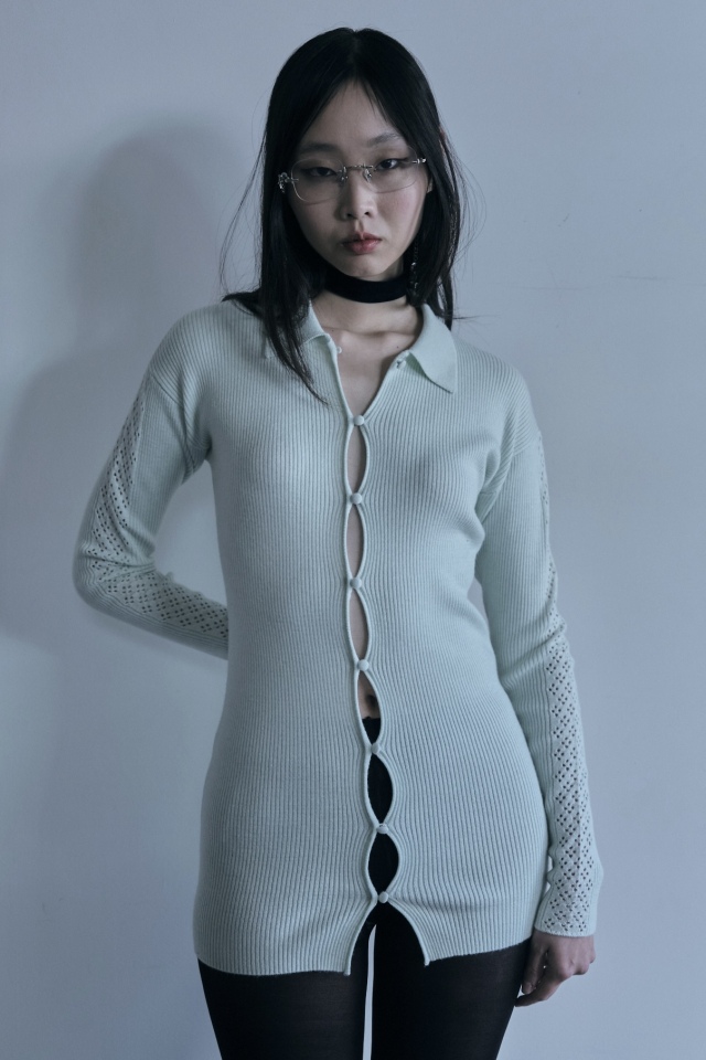 【MAISON ELLIE】line crochet polo knit cardigan