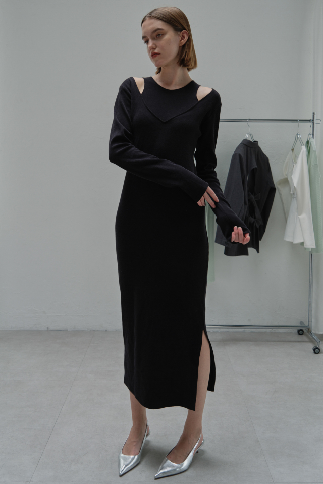 Maison ELLIE エリー リブ タイト ロングワンピース バックオープン tuck A line knit one-piece