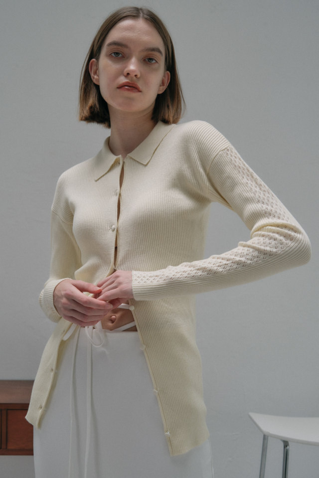 【MAISON ELLIE】line crochet polo knit cardigan