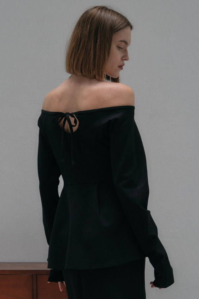 【MAISON ELLIE】boat neck ribbon peplum tops