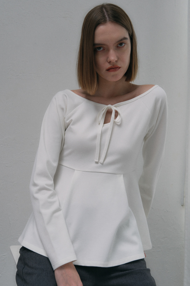 【MAISON ELLIE】boat neck ribbon peplum tops