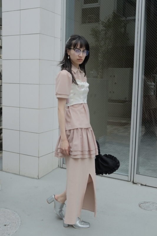 HONEY MI HONEY フリル付きタイトスカート グレー rib chiffon frill tight skirt
