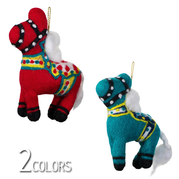 フォークアート　羊毛ふわふわホースオーナメント（ネパール）