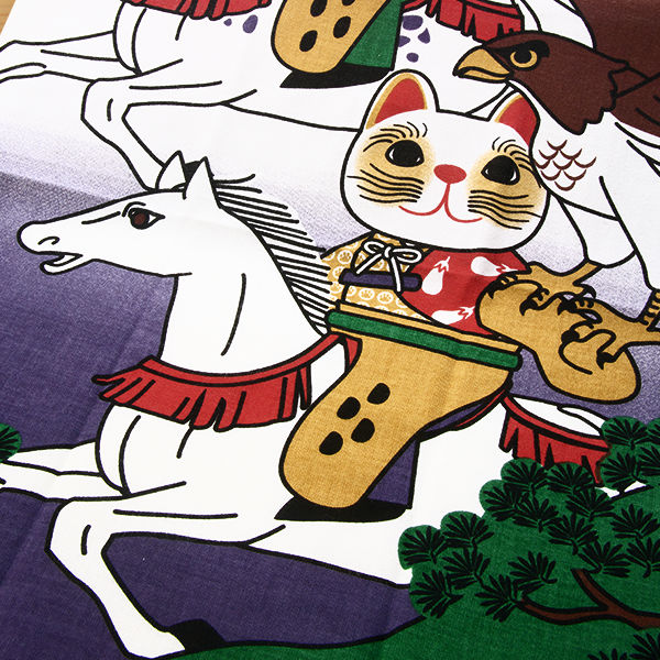 馬と猫の和柄手ぬぐい 「福まねき猫＜鷹狩＞」