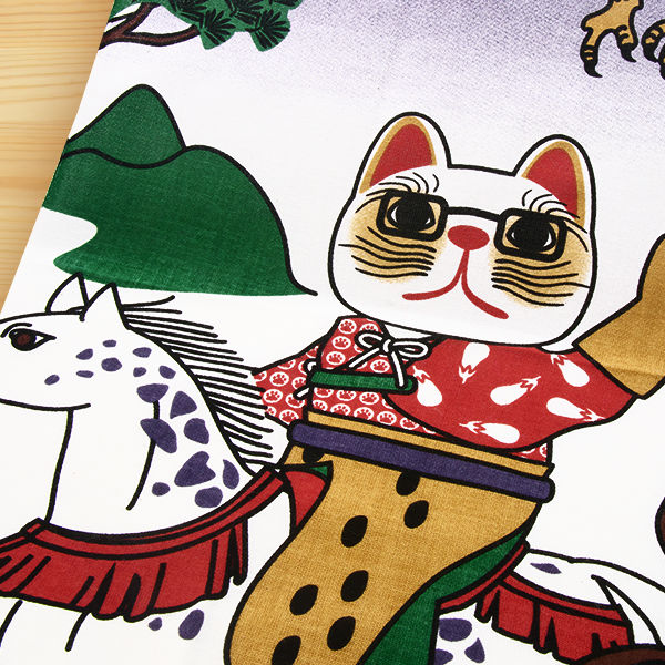 馬と猫の和柄手ぬぐい 「福まねき猫＜鷹狩＞」
