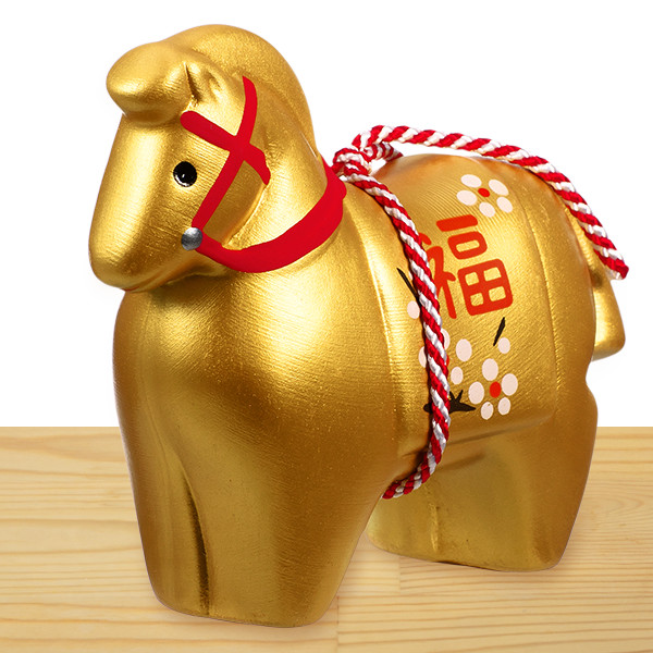 金馬と白馬の開運干支置物（梅屏風付き）