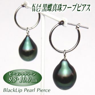 K14WG黒蝶真珠フープピアス（ピーコックグリーンカラー／9.5-10.0mm）