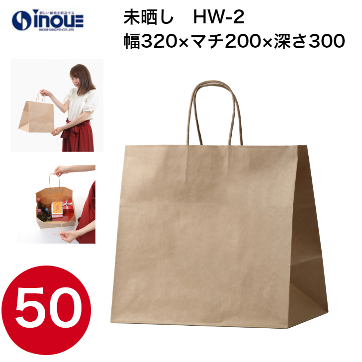 紙袋 手提げ 茶 無地 未晒 マチ広 HW-2 320W×200D×300H 1セット50枚 日本製