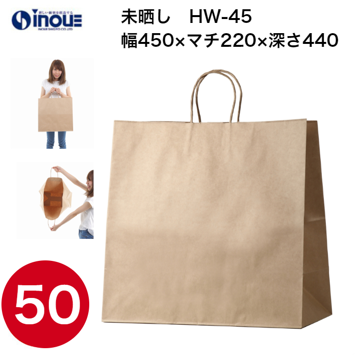 紙袋 手提げ 茶 無地 未晒 マチ広 特大 HW-45 450W×220D×440H 1セット50枚 日本製