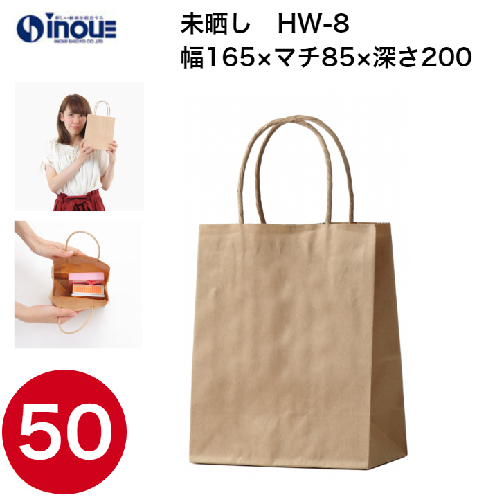 紙袋 手提げ 茶 無地 未晒 マチ広 小さい HW-8 165W×85D×200H 1セット50枚 日本製