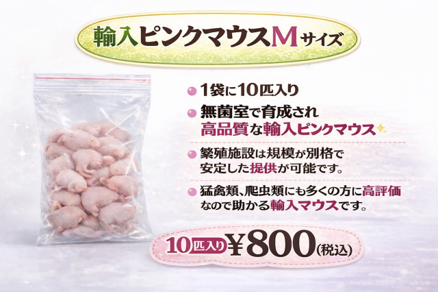 冷凍　中国産　ピンクマウスMサイズ　10匹入り　1匹約3ｇ