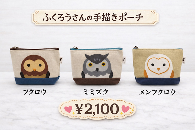 フクロウ・ミミズク・メンフクロウの手描き【ポーチ】