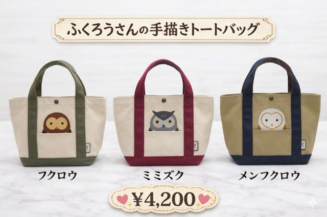 フクロウ・ミミズク・メンフクロウの手描き【ミニトートバッグ】