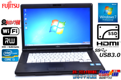 SSD 15.6型HD+ 中古ノートパソコン 富士通 LIFEBOOK A572/F Core i3 3110M (2.40GHz) メモリ4G マルチ WiFi USB3.0 カメラ Windows7 64bit