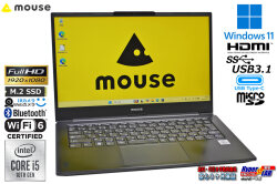 顔認証 Wi-Fi6 ノートパソコン mouse MPro-NB410H Core i5 10210U M.2SSD256G メモリ8G Webカメラ Wi-Fi Bluetooth USBType-C Windows11