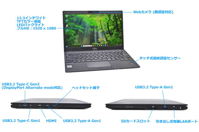 ノートパソコンFUJITSU第十世代 SSD256Gメモリ16G 顔認証 顔認証 Wi-Fi6 フルHD 富士通 LIFEBOOK U9310/D メモリ16G Core