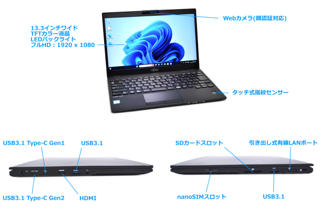 SIMフリー フルHD 顔認証 軽量 富士通 LIFEBOOK U939/BX 第8世代 Core 
