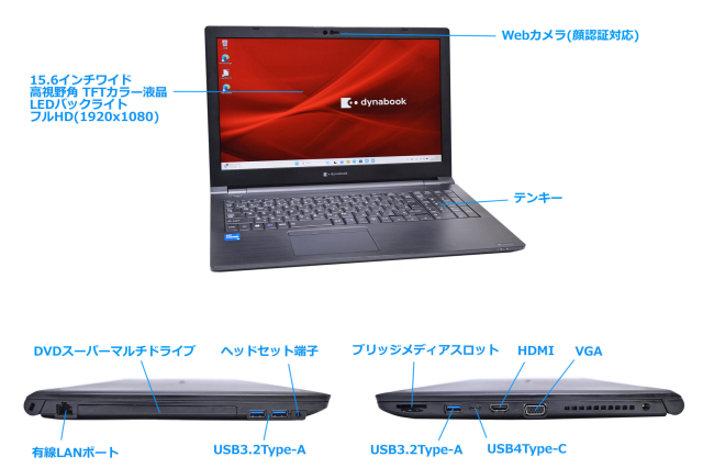 フルHD 顔認証 Wi-Fi6E メモリ16G dynabook B55/LW 第13世代 Core i5