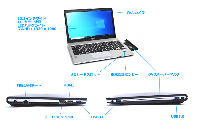 フルHD モバイル 富士通 LIFEBOOK S935/K Core i5 5300U 新品SSD256G 