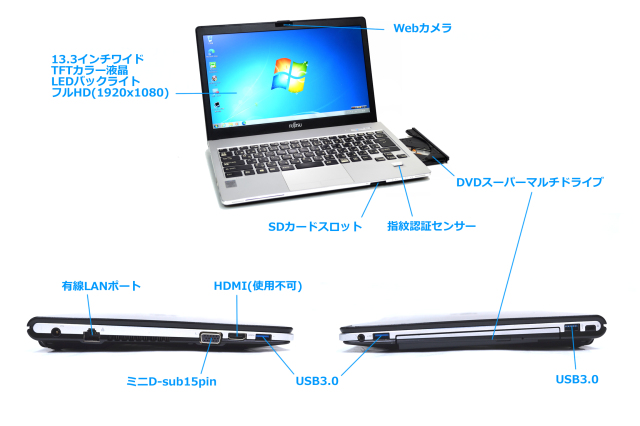 Windows7 フルHD 中古ノートパソコン 富士通 LIFEBOOK S904/J Core i5  