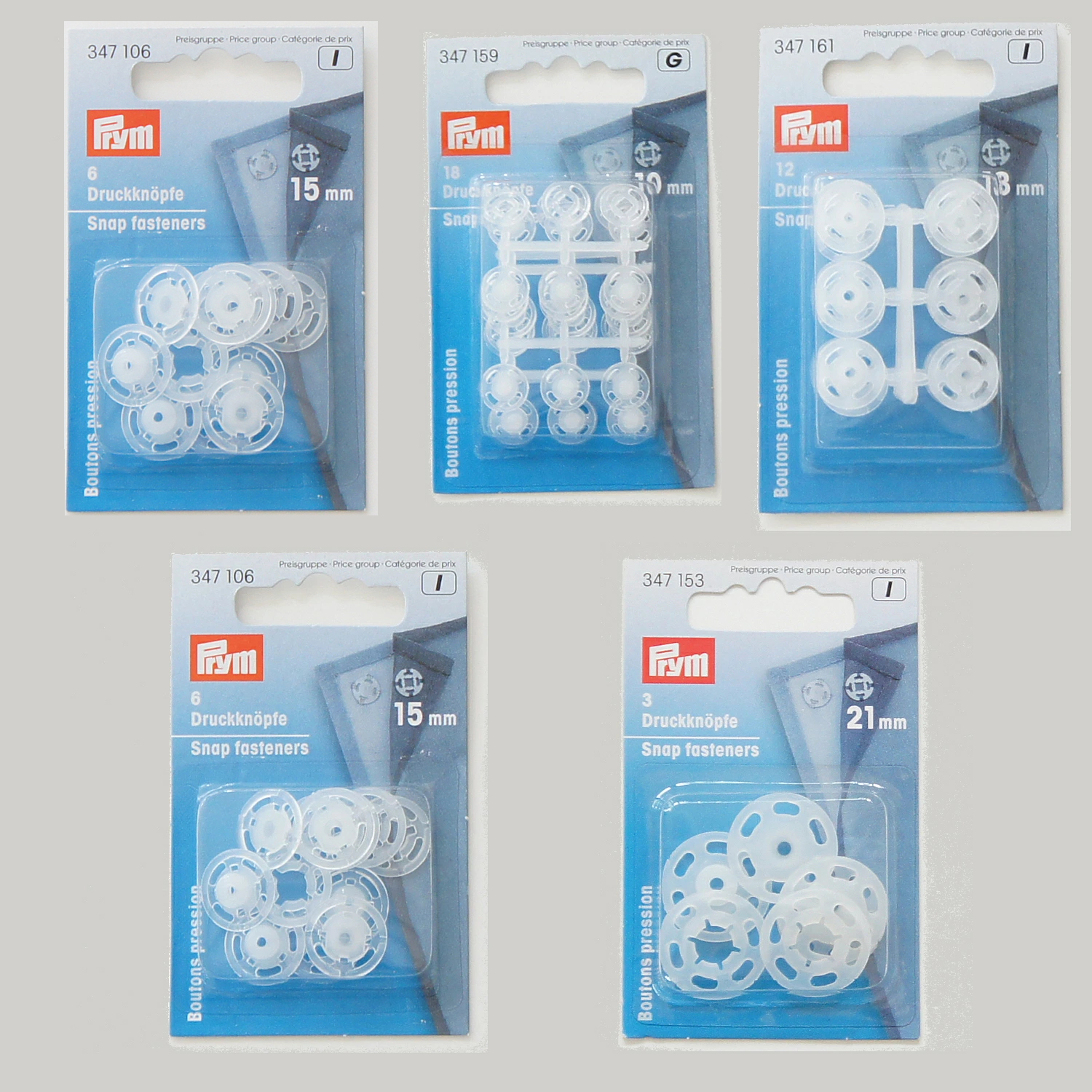ＰＲＹＭ　プラスチックスナップ　丸型　白　７ｍｍ／２４セット入・１０ｍｍ／１８セット入・１３ｍｍ／１２セット入・１５ｍｍ／６セット入・２１ｍｍ／３セット入　　　1647105・1647159・1647161・1647106・1647153