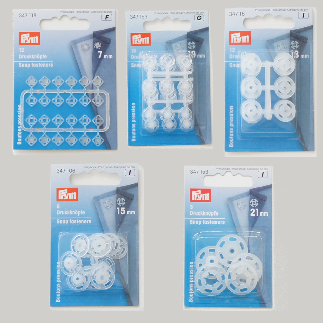 ＰＲＹＭ　プラスチックスナップ　丸型　白　７ｍｍ／２４セット入・１０ｍｍ／１８セット入・１３ｍｍ／１２セット入・１５ｍｍ／６セット入・２１ｍｍ／３セット入　　　1647105・1647159・1647161・1647106・1647153