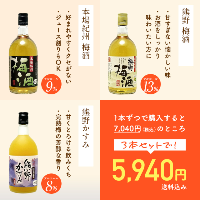 梅干しの一冨士】紀州の梅酒 3種類飲み比べセット 720ml×3本入り お酒