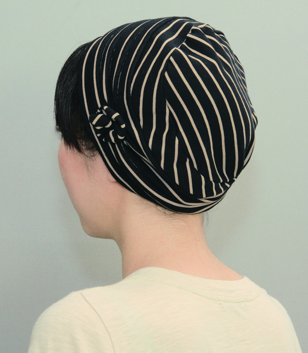 おしゃれヘアキャップ【天使の帽子】209イージーリラックスボーダー柄（コサージュ付きさらさら薄手コットン）医療用帽子 医療用キャップ