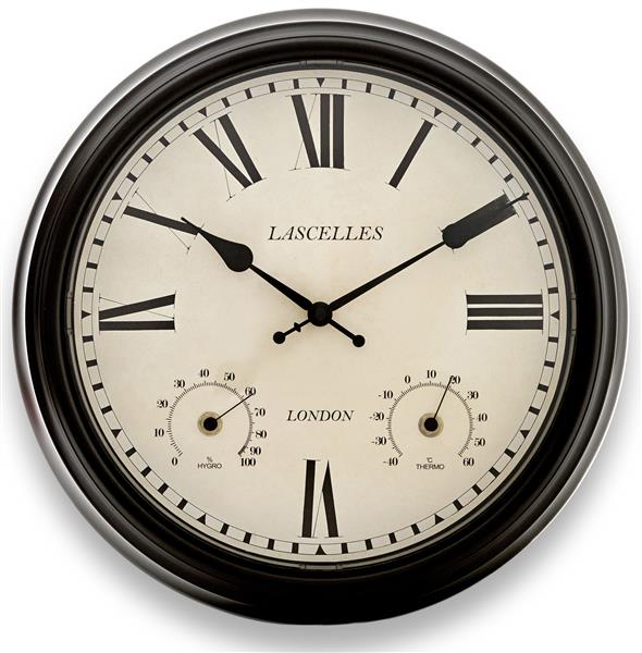 屋内屋外兼用！温湿度計付き掛け時計　ロジャーラッセルRogerLascelles社製 Metal Outdoor Clock  36cm掛け時計　TS-LASC-OD-BRN