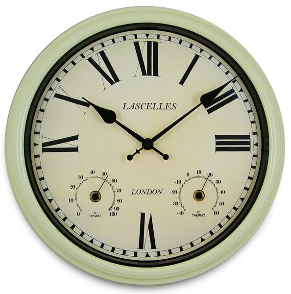 屋内屋外兼用！温湿度計付き掛け時計　ロジャーラッセルRogerLascelles社製 Metal Outdoor Clock  36cm掛け時計　TS-LASC-OD-CRM