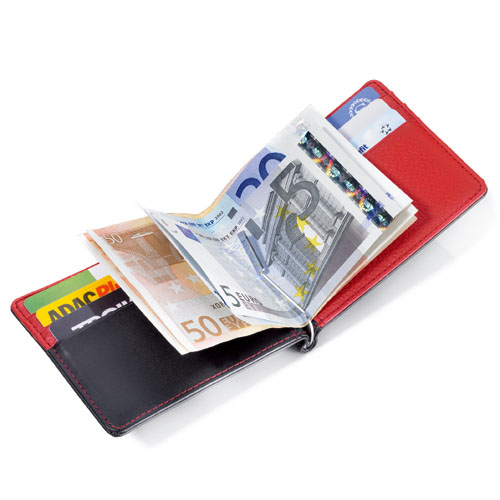 カラーコーディネーションが楽しいレザーマネークリップ＆カードホルダーWIDE  BK&RED　トロイカ　MYC22LE