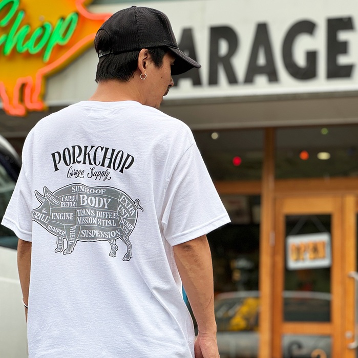 PORKCHOP GARAGE SUPPLY (ポークチョップ ガレージサプライ)　PORK BACK TEE　【TEE Tシャツ ホワイト ブラック ブルー】【インター