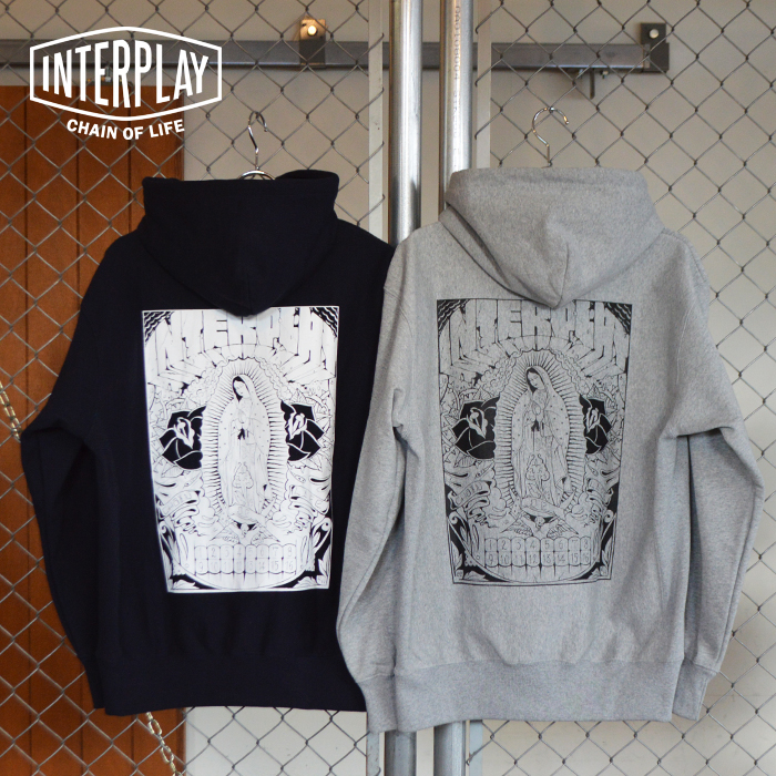 INTERPLAY(インタープレイ) PRAY FOR ALL HOODIE　【グレー ネイビー バックプリント】【プルオーバーパーカー】【インタープレイオ