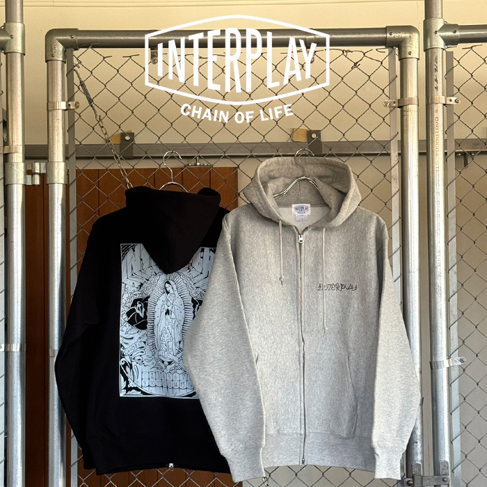 INTERPLAY(インタープレイ) PRAY FOR ALL ZIP UP HOODIE　【グレー ブラック】【ジップパーカー】【インタープレイオリジナルパーカ