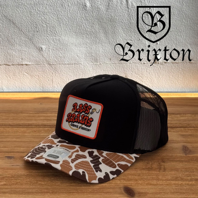 BRIXTON(ブリクストン)　BASS BRAINS GONE FISHIN’ TRUCKER HAT (CAMO/BLACK)　【メッシュキャップ 帽子 ブリクストン キャップ】【