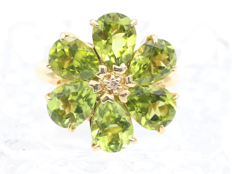 【 イエローゴールド K18YG 】 指輪 リング ペリドット 5.67ct ダイヤ 0.01ct フラワー 7.7g 12.5号 レディース ☆新着 03250-0