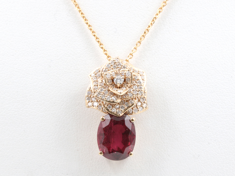 【 ピンクゴールド K18PG 】 ネックレス 薔薇 バラ トルマリン4.24ct ダイヤモンド1.10ct 8.44g レディース ☆新着 ソーティング 1106-0