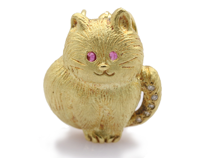 【 イエローゴールド K18YG 】 ペントップ ブローチ 猫 ネコ RU0.09ct DA0.03ct 7.2g レディース ☆新着 1765-0