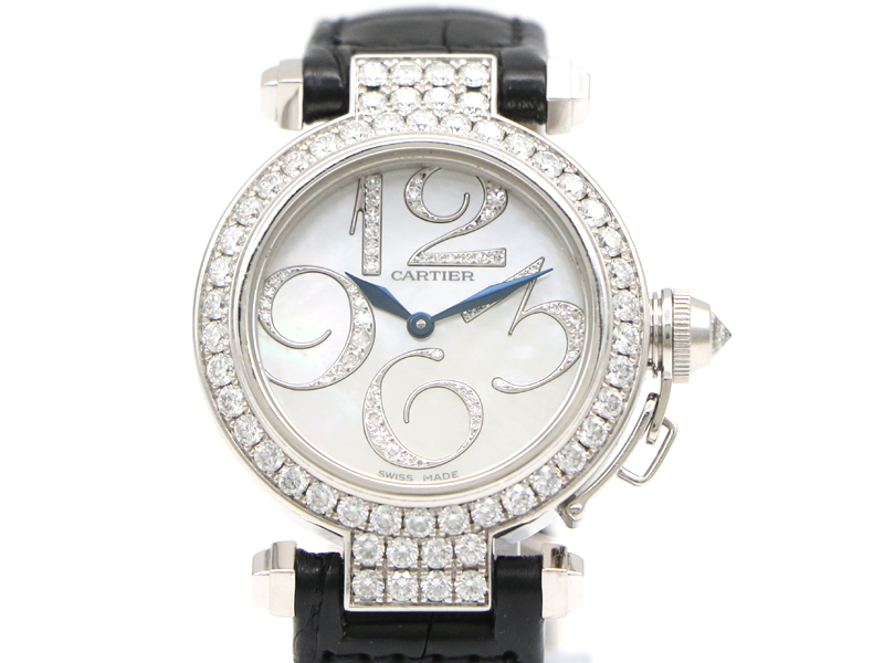 【 カルティエ Cartier 】 腕時計 WJ123221 パシャ K18WG/革 クォーツ 純正ダイヤ レディース □新着 70114-1