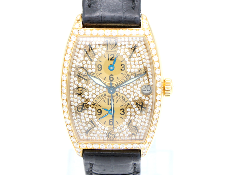 【 フランクミュラー FRANCK MULLER 】 マスターバンカー 2852MB 31mm アフターダイヤ YG/革 デイト 3タイムゾーン 自動巻 メンズ 70225-2