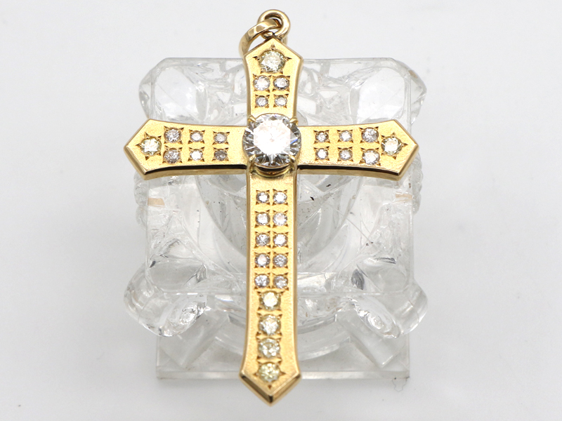 【 イエローゴールド K18YG 】 ペントップ クロス ダイヤ1.178ct I-SI1-GOOD ダイヤ1.44ct 12.3g 鑑定証 ソーティング付 ☆新着 76057-1