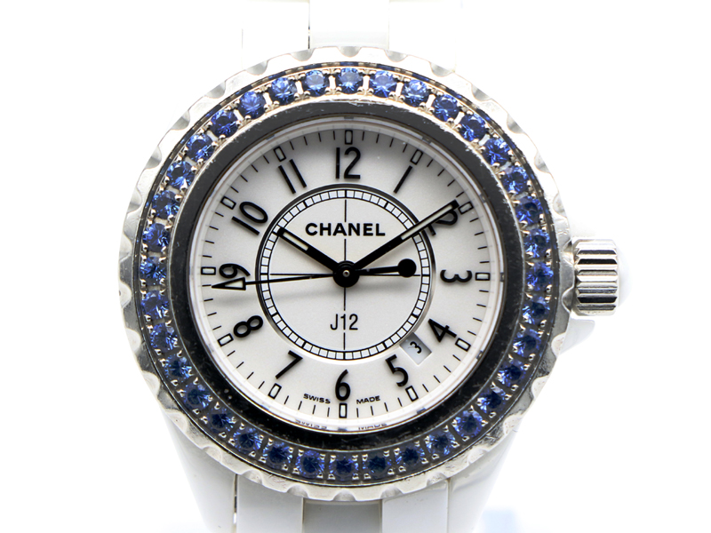 【 シャネル CHANEL 】 腕時計 J12 H1179 セラミック 33mm ブルーサファイアベゼル クォーツ デイト レディース □新着 70258-1