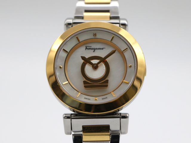 【 フェラガモ Ferragamo 】 腕時計 FQ4 ミヌエット GP/SS クォーツ シェル文字盤 メンズ 保・箱 新着 01600-0