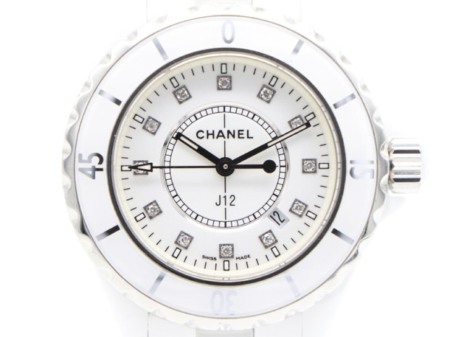 【 シャネル CHANEL 】 腕時計 J12 H1628 セラミック 33mm 12Pダイヤ クォーツ デイト レディース  保・ケース □新着 70138-1