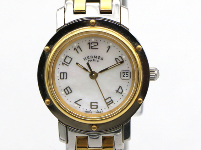 【 エルメス HERMES 】 腕時計 クリッパー CL4.220 GP/SS クォーツ デイト ホワイトシェル文字盤 レディース 新着 05039-0