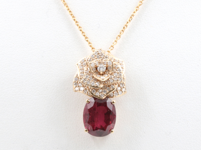 【 ピンクゴールド K18PG 】 ネックレス 薔薇 バラ トルマリン4.24ct ダイヤモンド1.10ct 8.44g レディース ☆新着 ソーティング 1106-0