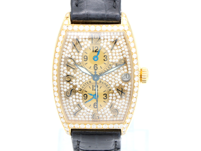 【 フランクミュラー FRANCK MULLER 】 マスターバンカー 2852MB 31mm アフターダイヤ YG/革 デイト 3タイムゾーン 自動巻 メンズ 70225-2