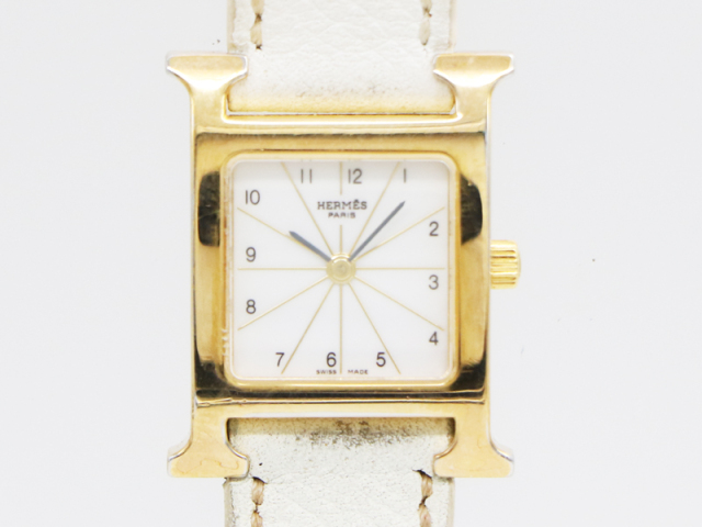 【 エルメス HERMES 】腕時計 HH1.201 Hウォッチ GP/革 ホワイト文字盤 クォーツ レディース 箱 新着 70239-2